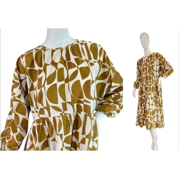'S Max Mara Adatti Cotton Poplin Midi Dress Gold & White Geo Print $945 Size 8 - Picture 1 of 15